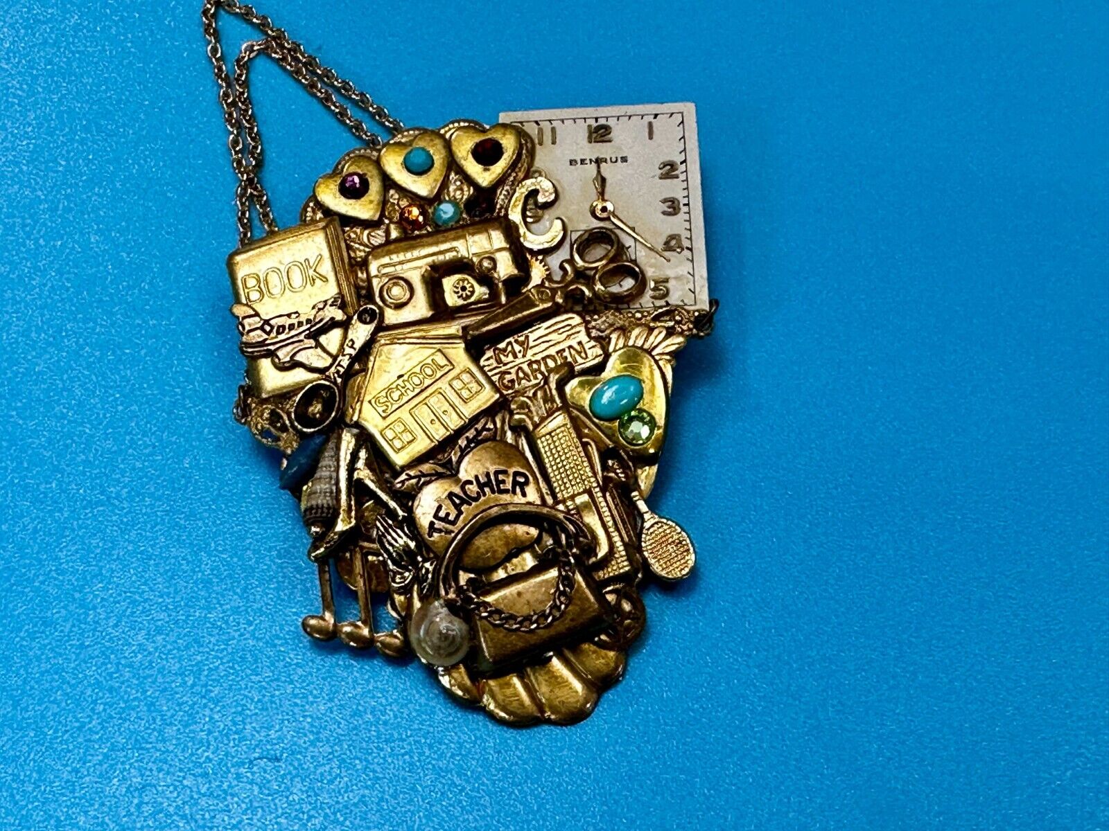 Teacher School Book My Garden Artisan Chain Charm Gold Tone Brooch Pin 2006