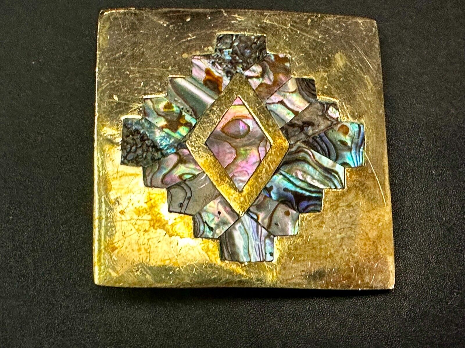 Vintage Inlaid Abalone Shell Into Solid Brass Hippy Vibe Alpaca? Belt Buckle