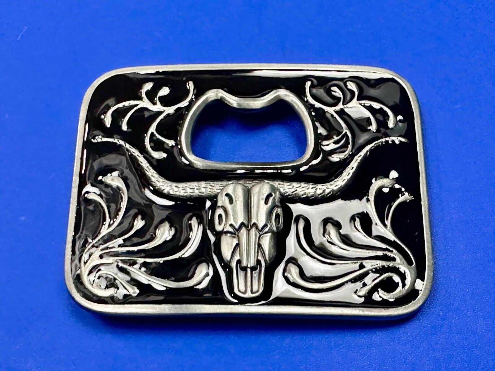 Texas longhorn - black and silver color belt buckle bottle opener