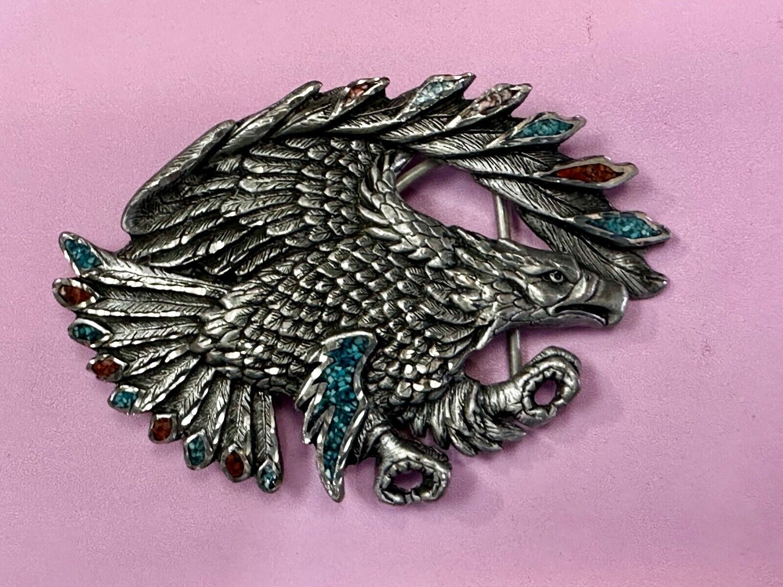 Turquoise Coral Cut Out Hunting Attacking Eagle 2002 Enchantment Belt Buckle