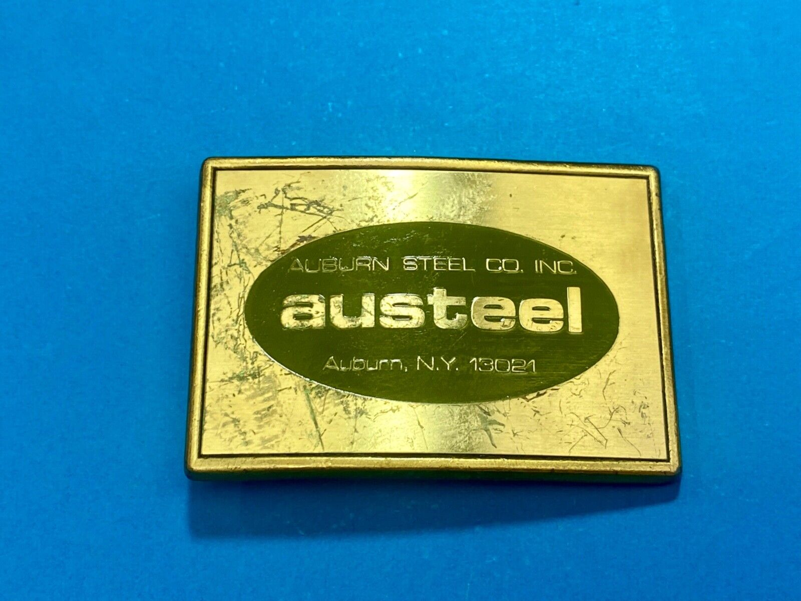 AUSTEEL Alburn Steel Company INC NY 13021 promo belt buckle by RJ