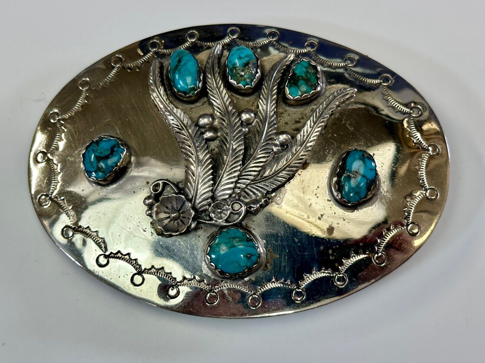 Unique 1980 signed multipal turquoise stones & Feathers belt buckle