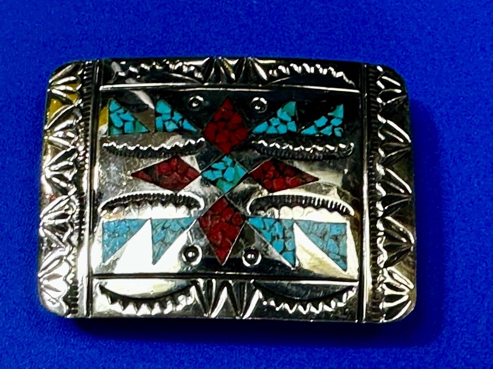 Turquoise & Coral Navajo / Native American Style Artisan 2" Belt Buckle