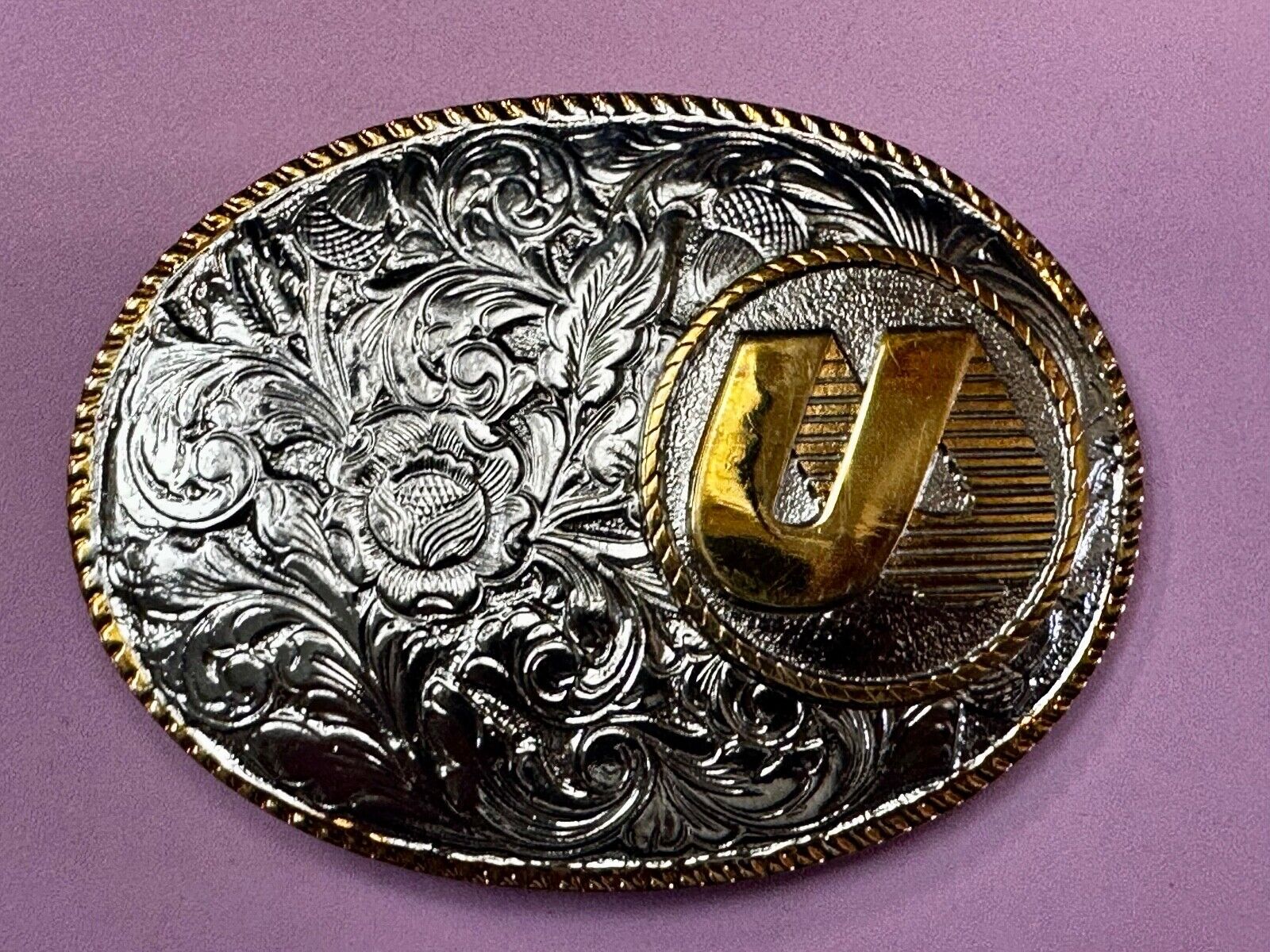 UA Company Logo Floral Flower Design Gold & Silver Tone Vintage Belt Buckle