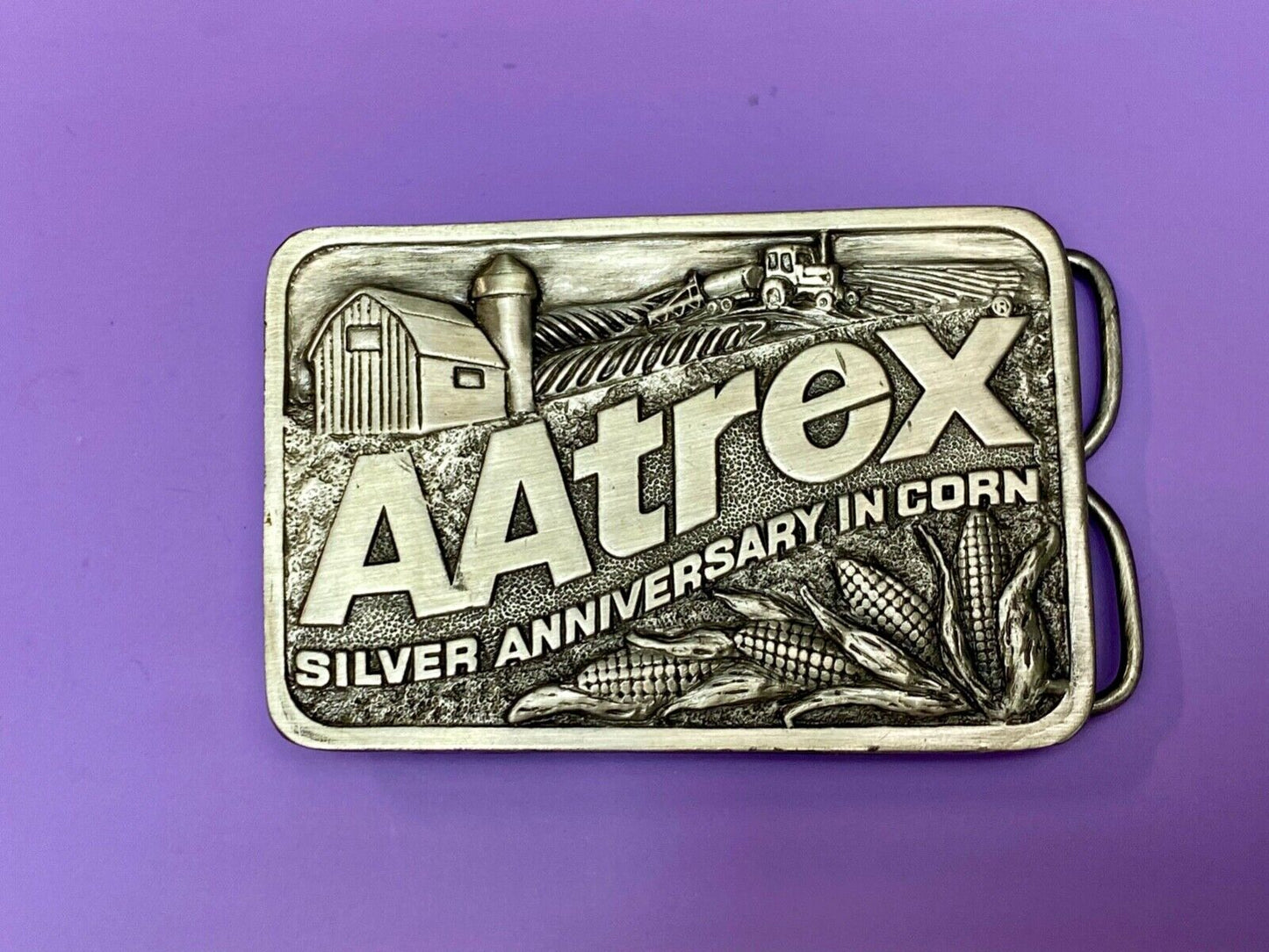 AAtrex Silver Anniversary Farm Tractor Barn Corn Farmer Belt Buckle