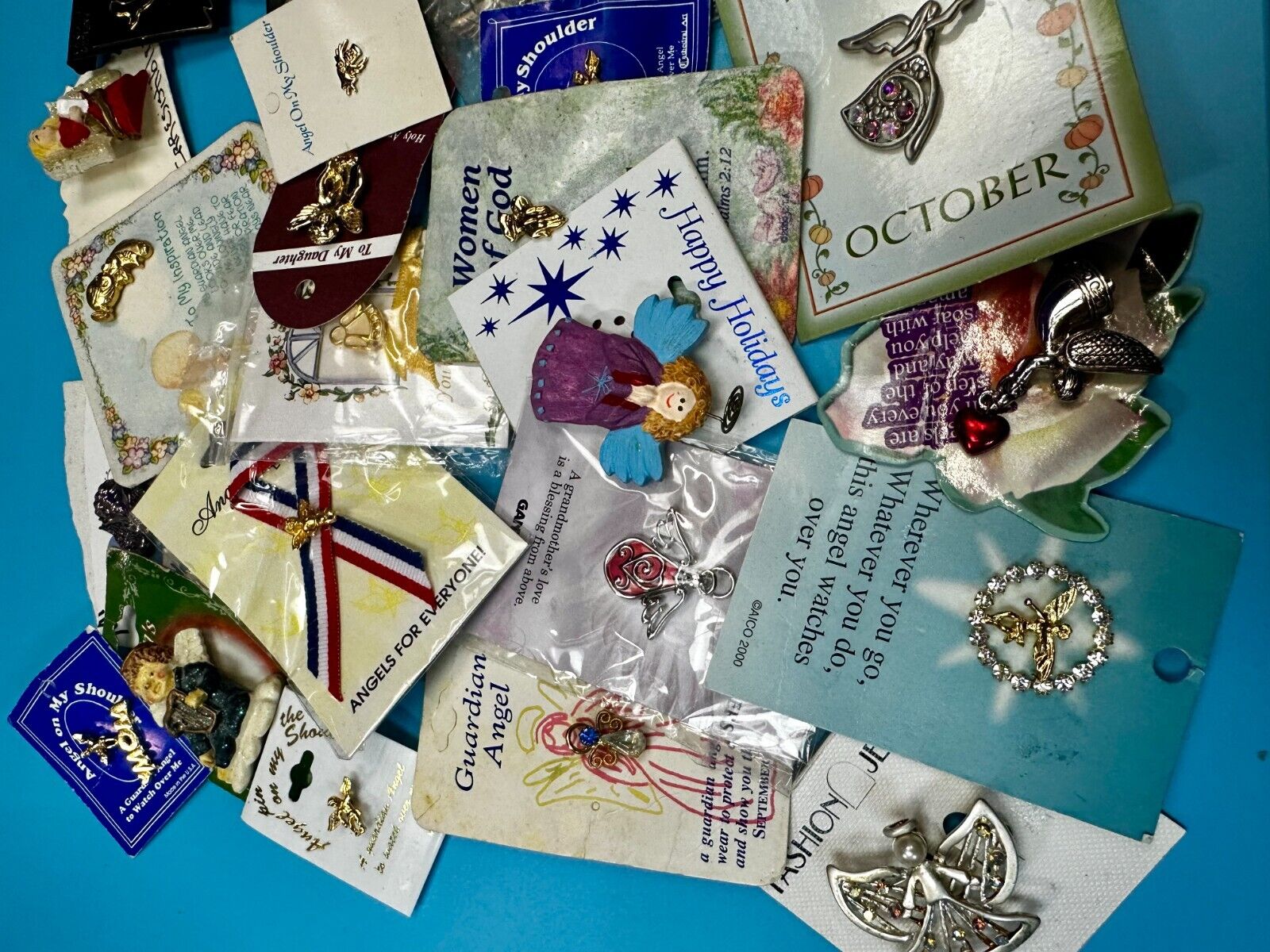 Around 40 Angle NOS Religious Brooches Pins Resale Bulk Lot Junk Drawer Grab Bag