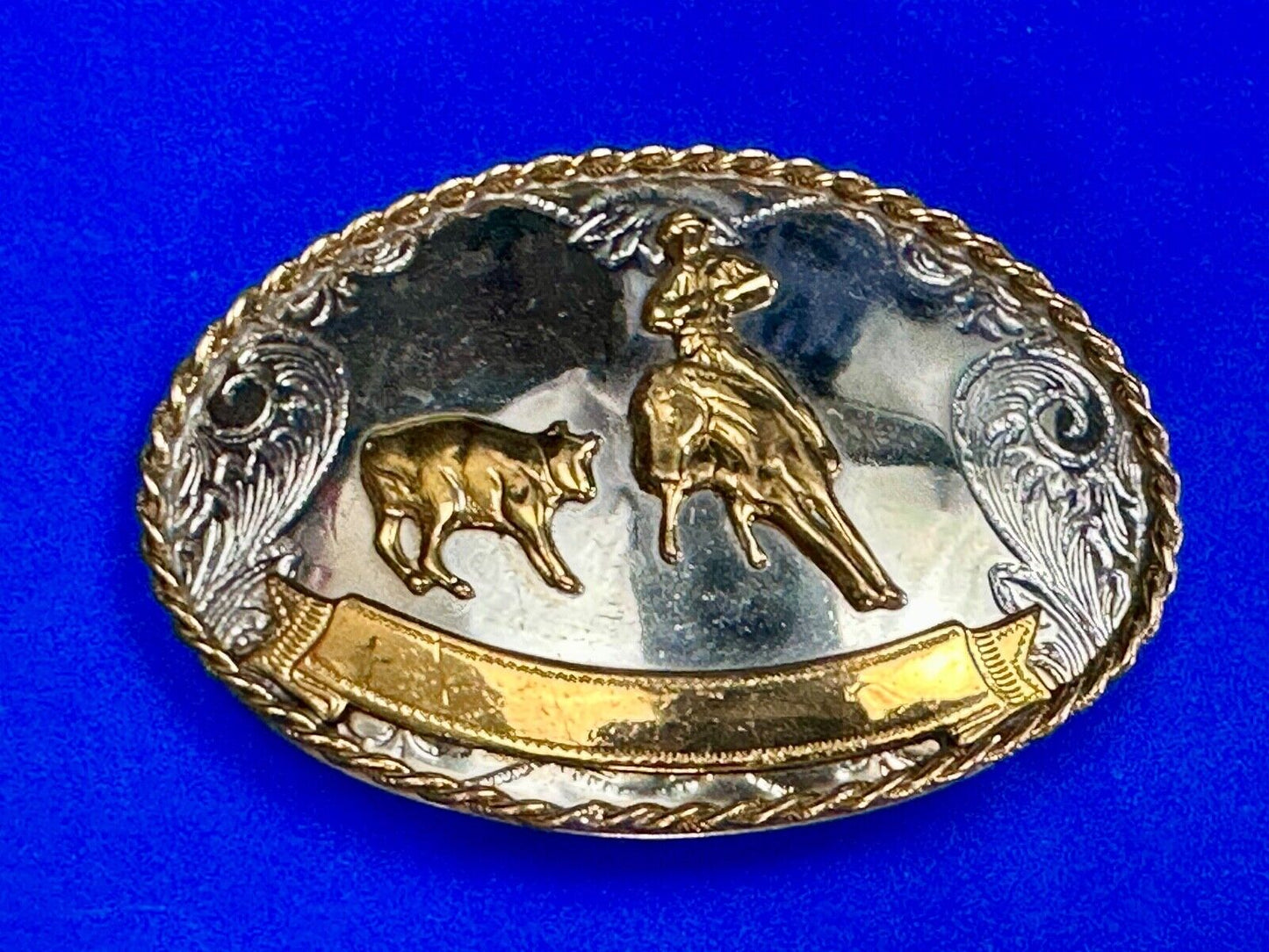 Vintage German Silver Rodeo Cowboy With Blank Award Trophy Ribbon belt buckle