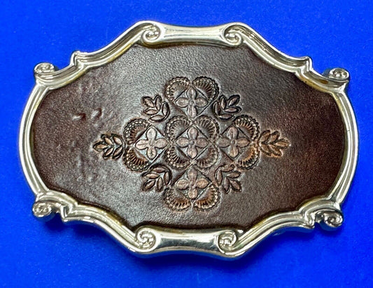 Vintage Brown leather flower pattern belt buckle made in Spain