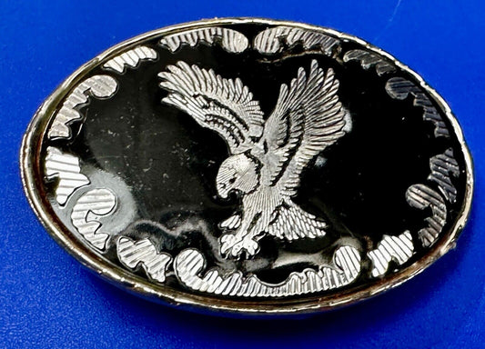 Black & silver tone Flying Eagle Oval Belt Buckle with "W" Mark. Made in U.S.A.
