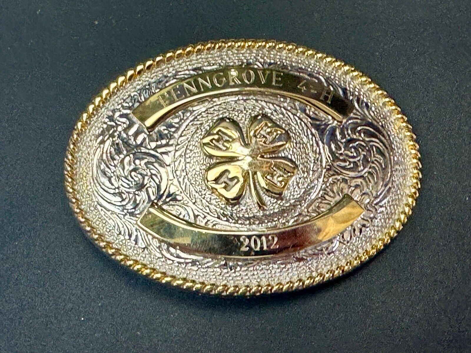 4h emblem logo  Engraved trophy style 2012 western two tone belt buckle