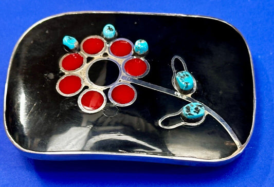 Turquoise Stone Floral Theme Native American Indian Artisan Silver Belt Buckle