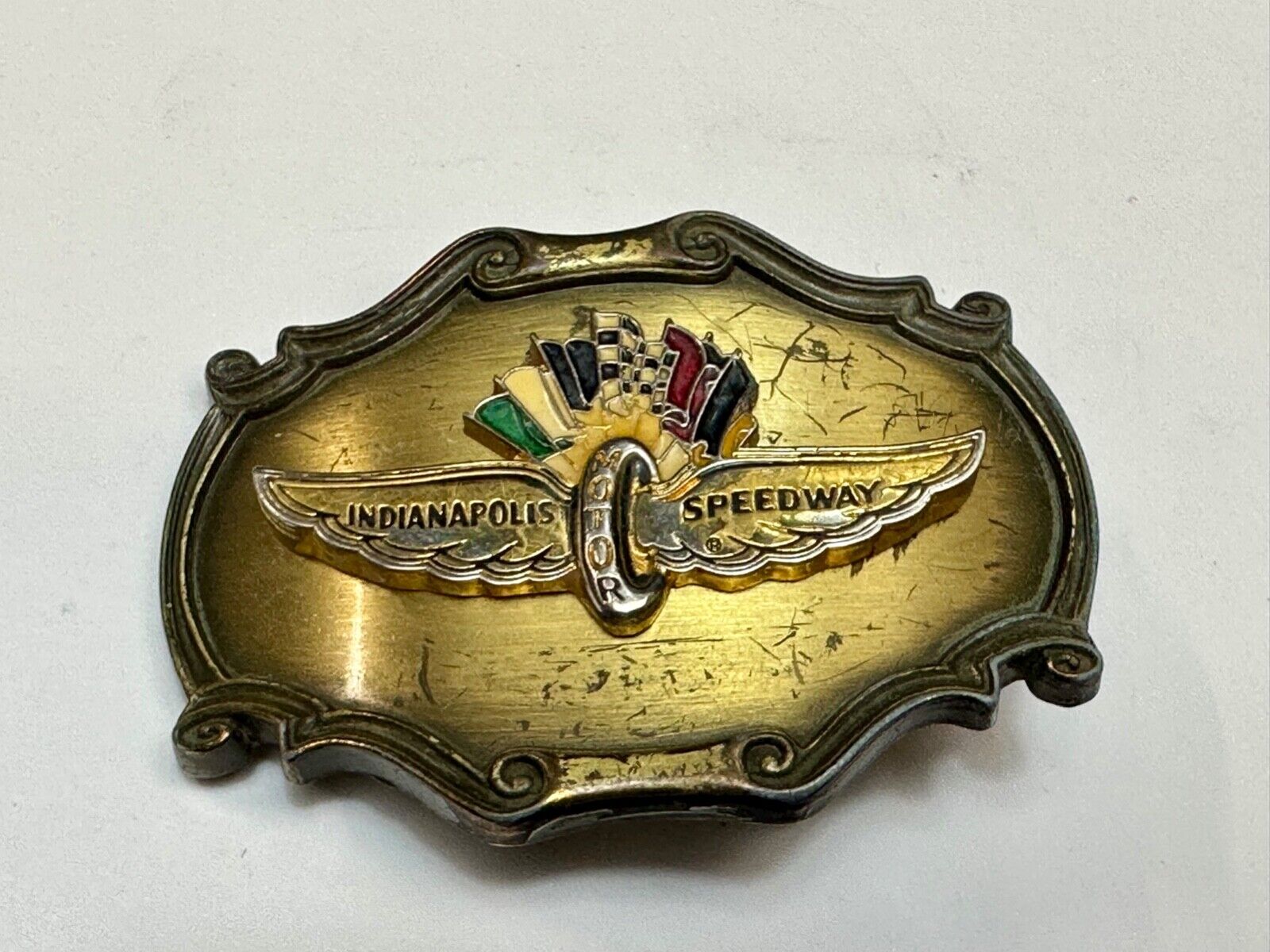 Vintage Indianapolis 500 speedway western framed belt buckle by Raintree