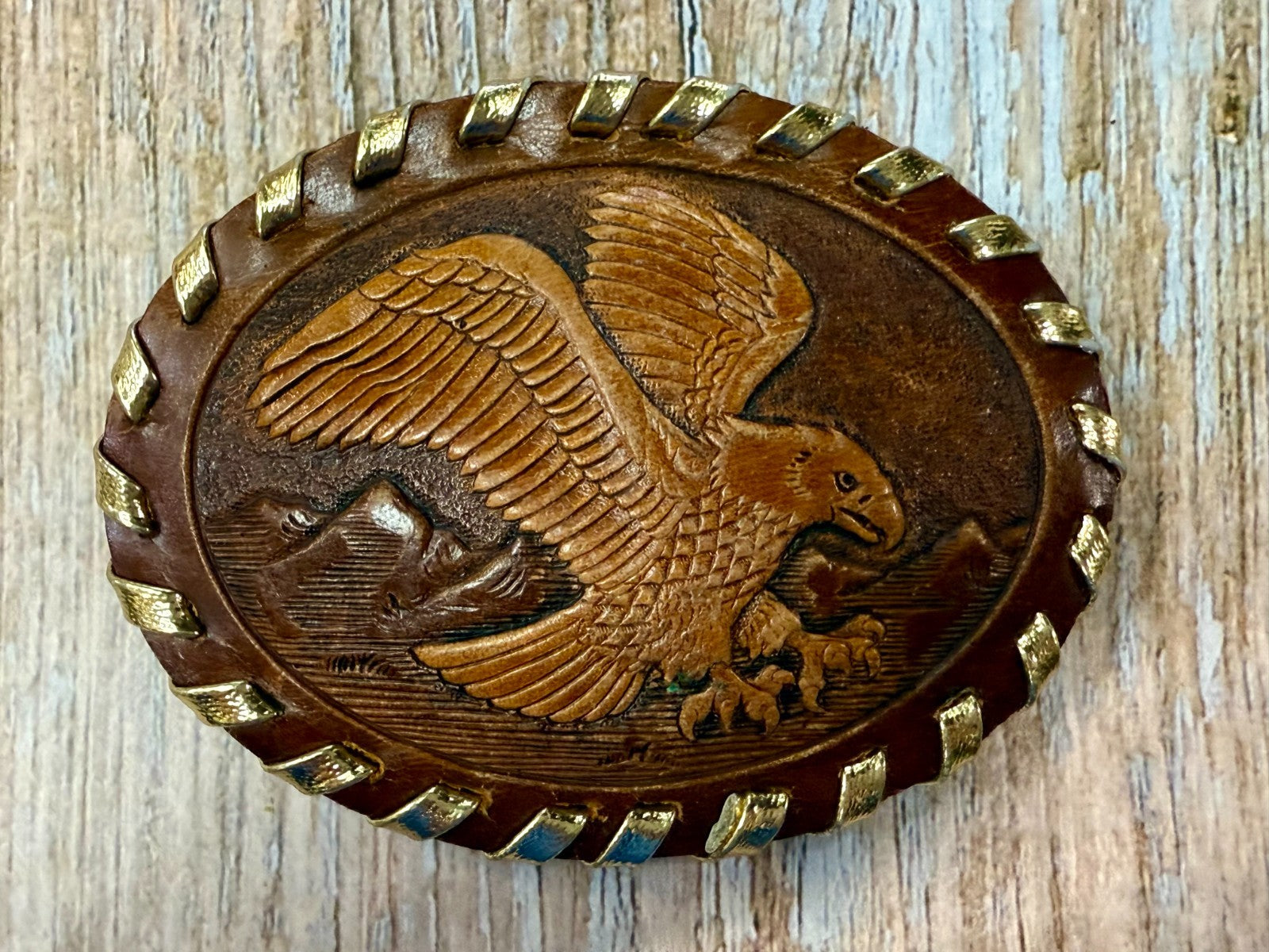 American Bald Eagle Flying Over the Mountain Embossed on Leather Belt Buckle
