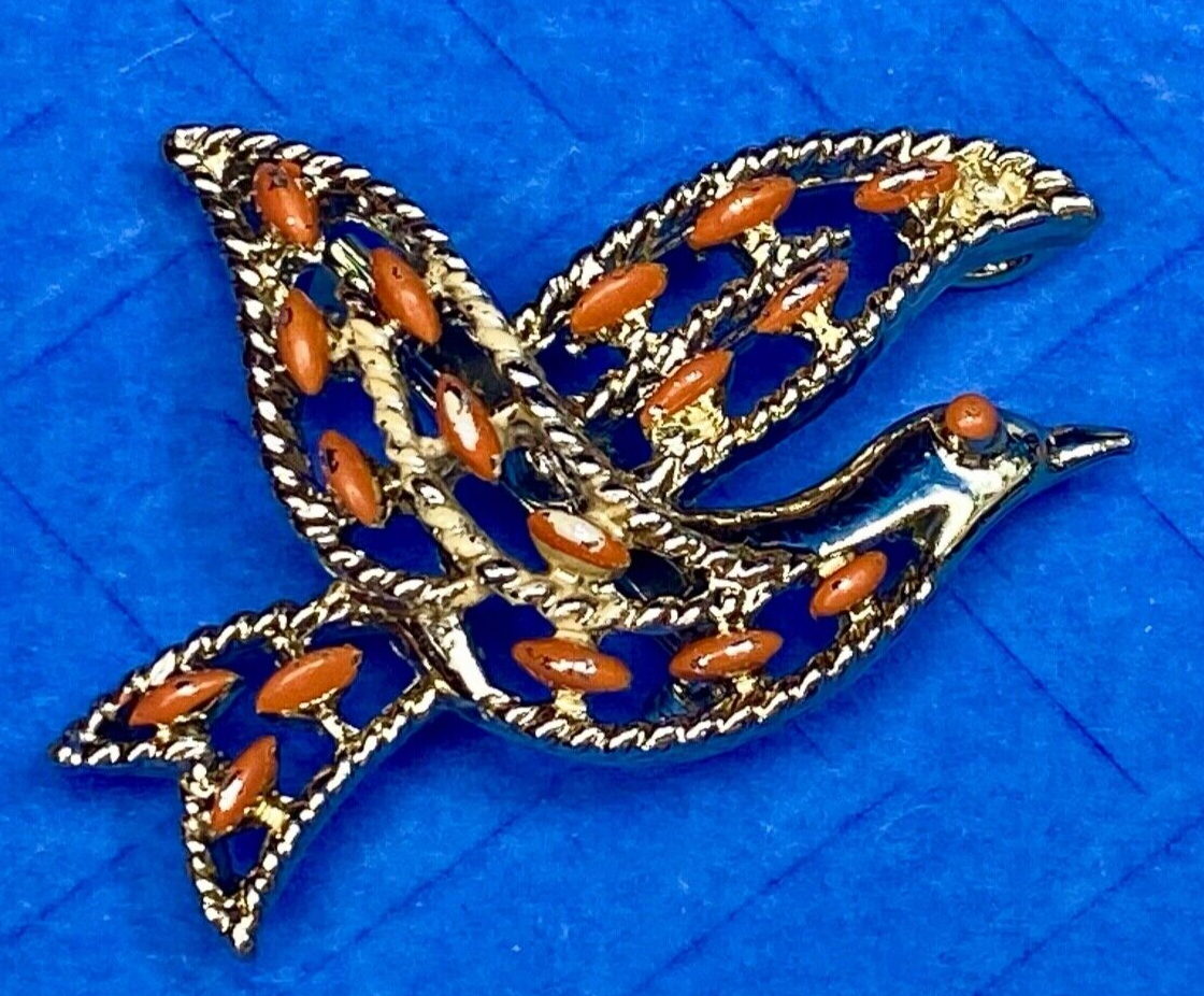 Vintage Gerry's Flying Bird Dove Orange Stone Enamel Gold Tone Brooch Pin