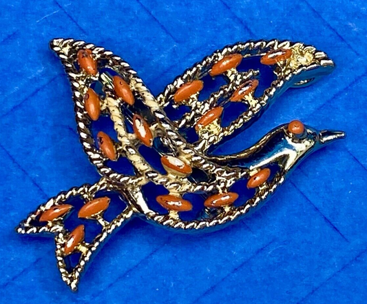 Vintage Gerry's Flying Bird Dove Orange Stone Enamel Gold Tone Brooch Pin