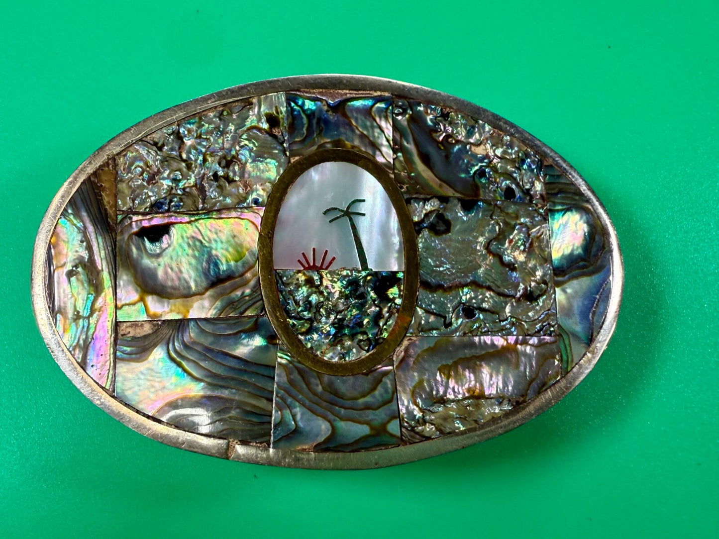 Abalone Shell Mother of Pearl Inlay Beach Scene Belt Buckle Hencho en Mexico