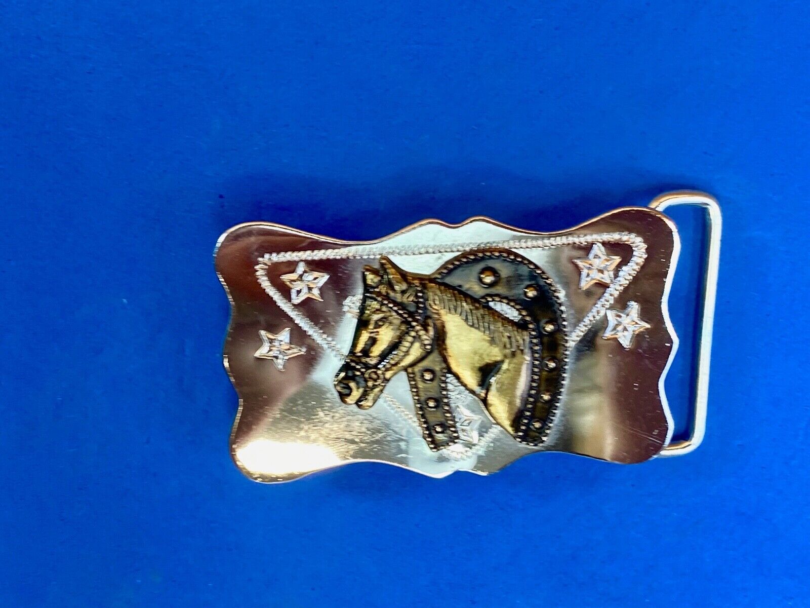 Horse Head Through Lucky Horse Shoe On Mirrored Mixed Metal Belt Buckle 