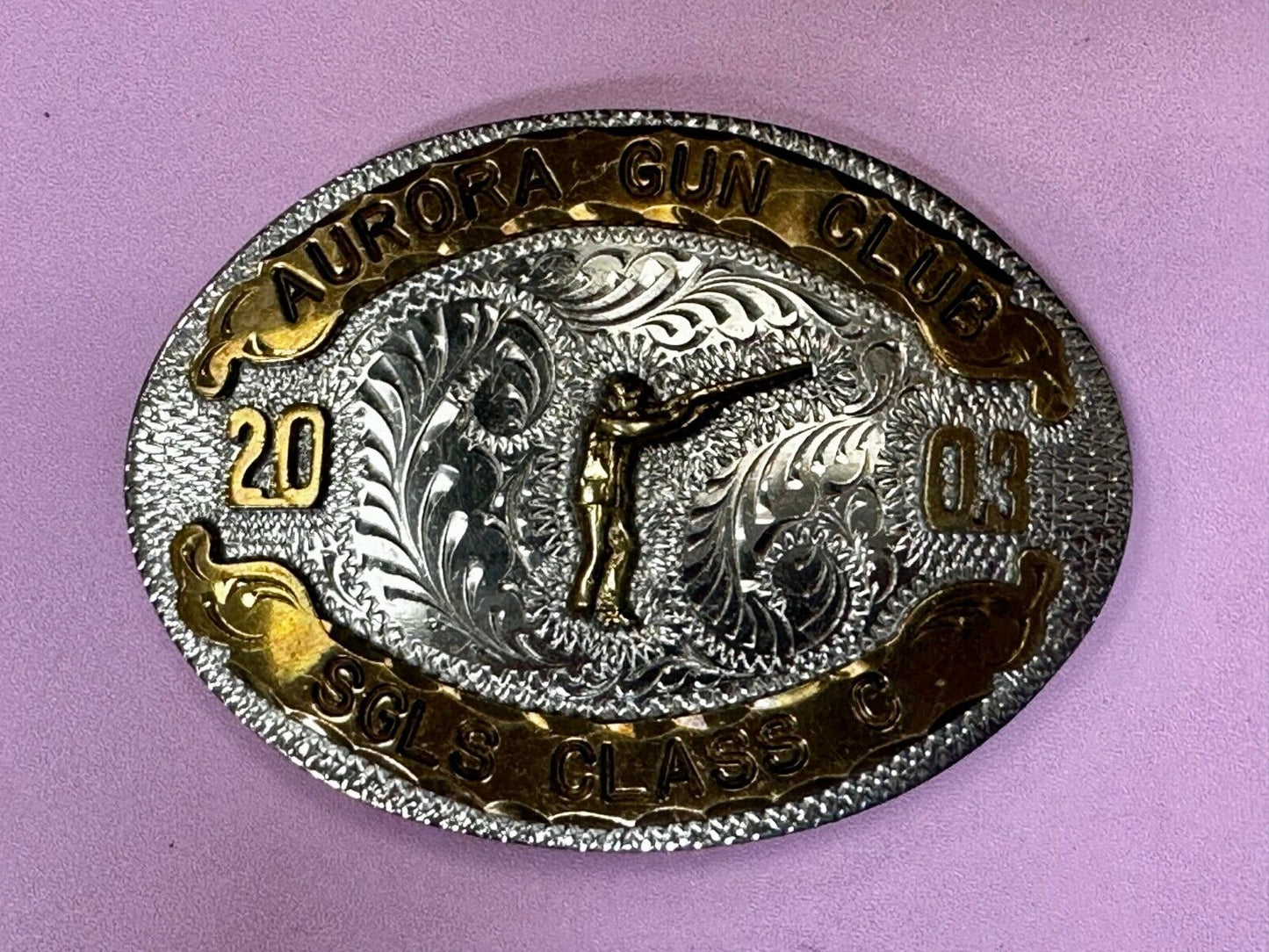 Aurora Gun Club Singles Class C 2003 Defensive Pistol Trophy Award Belt Buckle