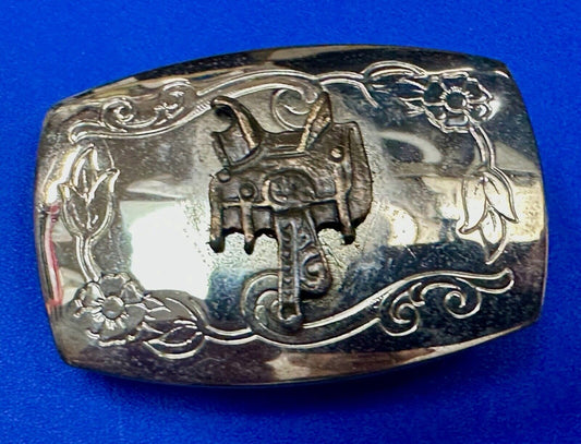 Vintage Cowboy Horse Saddle western two tone belt buckle