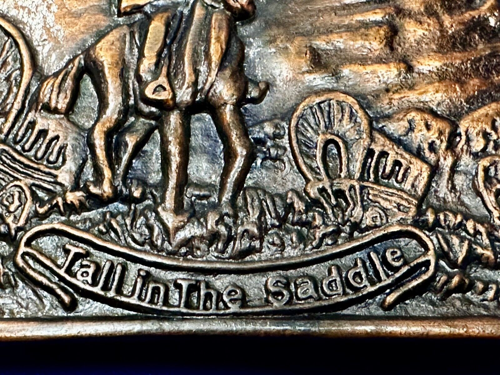 Tall in the Saddle Wagon Cowboy Horse Western Art Scene Vintage Belt Buckle