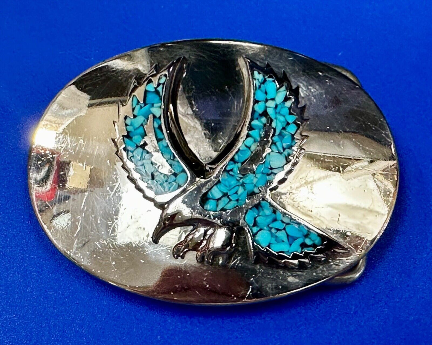 Turquoise Chip inlaid Flying Hunting Diving Patriotic American Eagle Belt Buckle