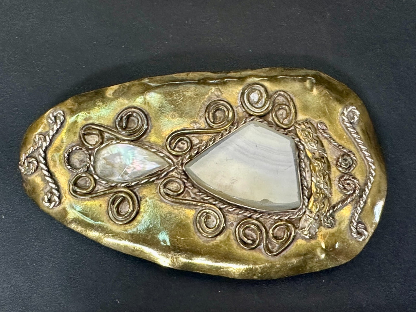 Artisan Mixed Stone Shell Art Nouveau Boho Brass Hippy Vibe Large Belt Buckle