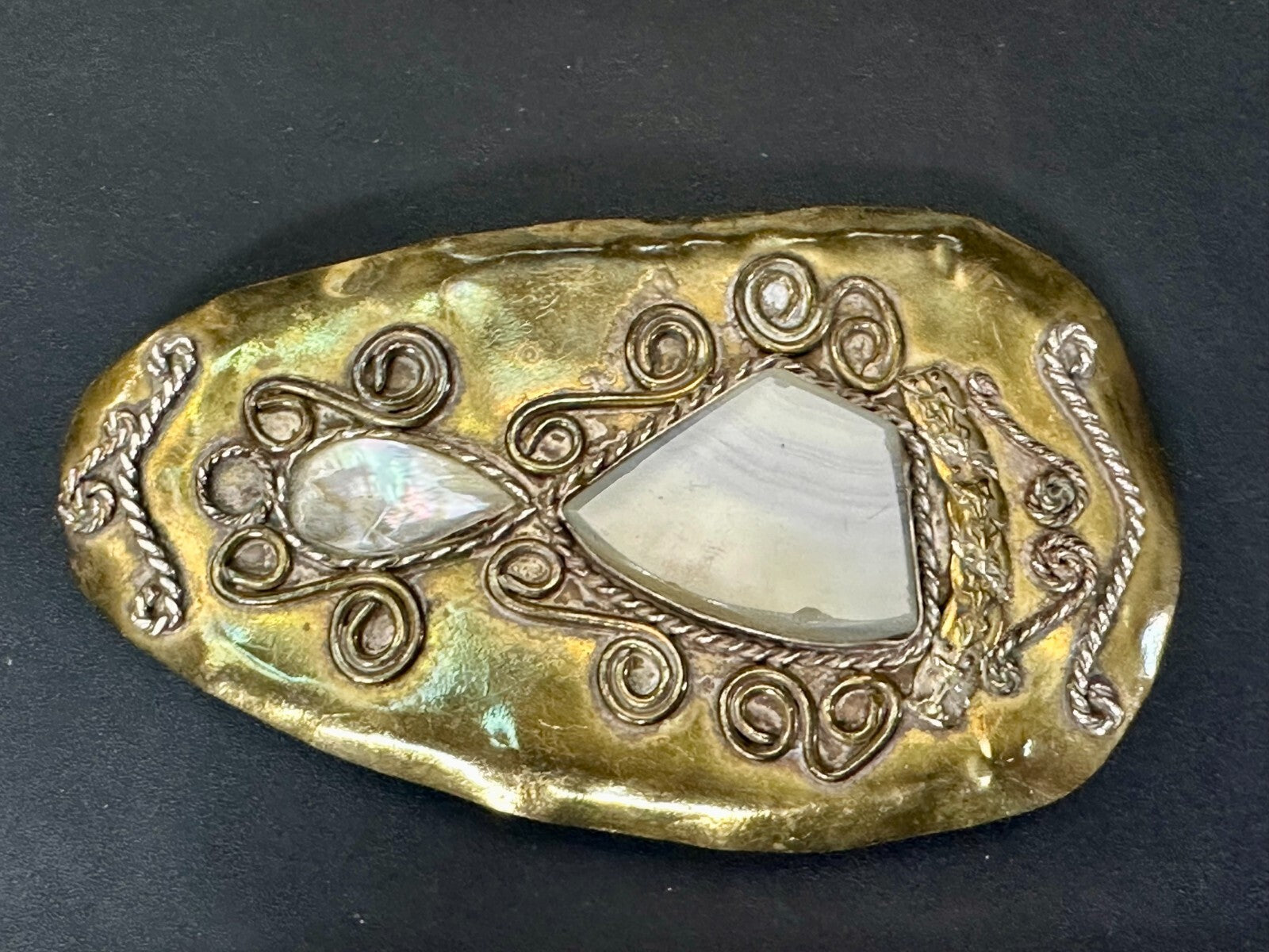 Artisan Mixed Stone Shell Art Nouveau Boho Brass Hippy Vibe Large Belt Buckle
