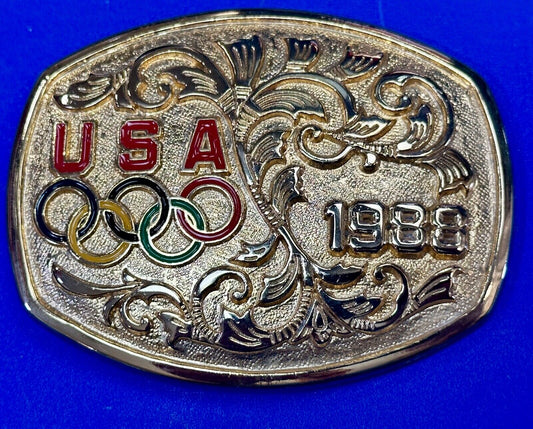 vintage 1988 Olympics USA multi color Rings emblem belt buckle