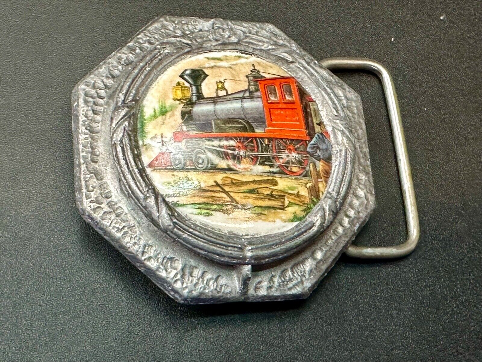 Train Steam Engine Art Picture on ceramic and pewter Vintage Belt Buckle