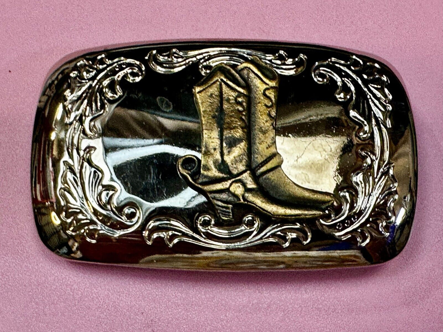 Western Cowboy Boots Vtg Two Tone Swirl Flower Border Belt Buckle - Made in USA