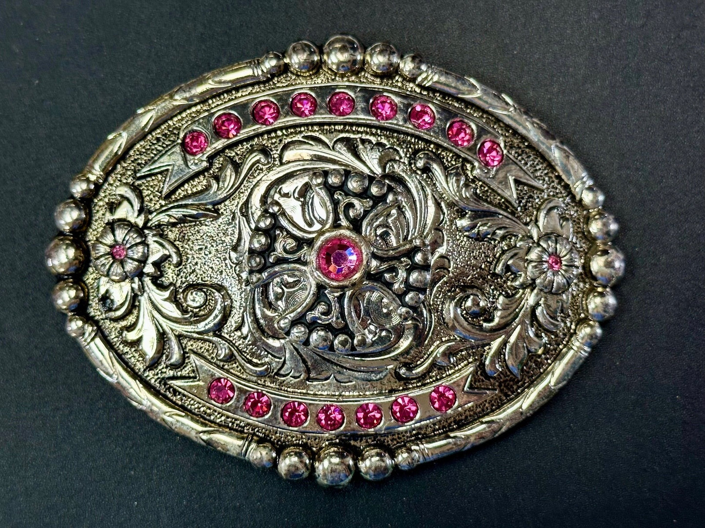 Authentic Silver Plated Pewter Belt Buckle With Cowgirls Girly Pink Rhinestones 