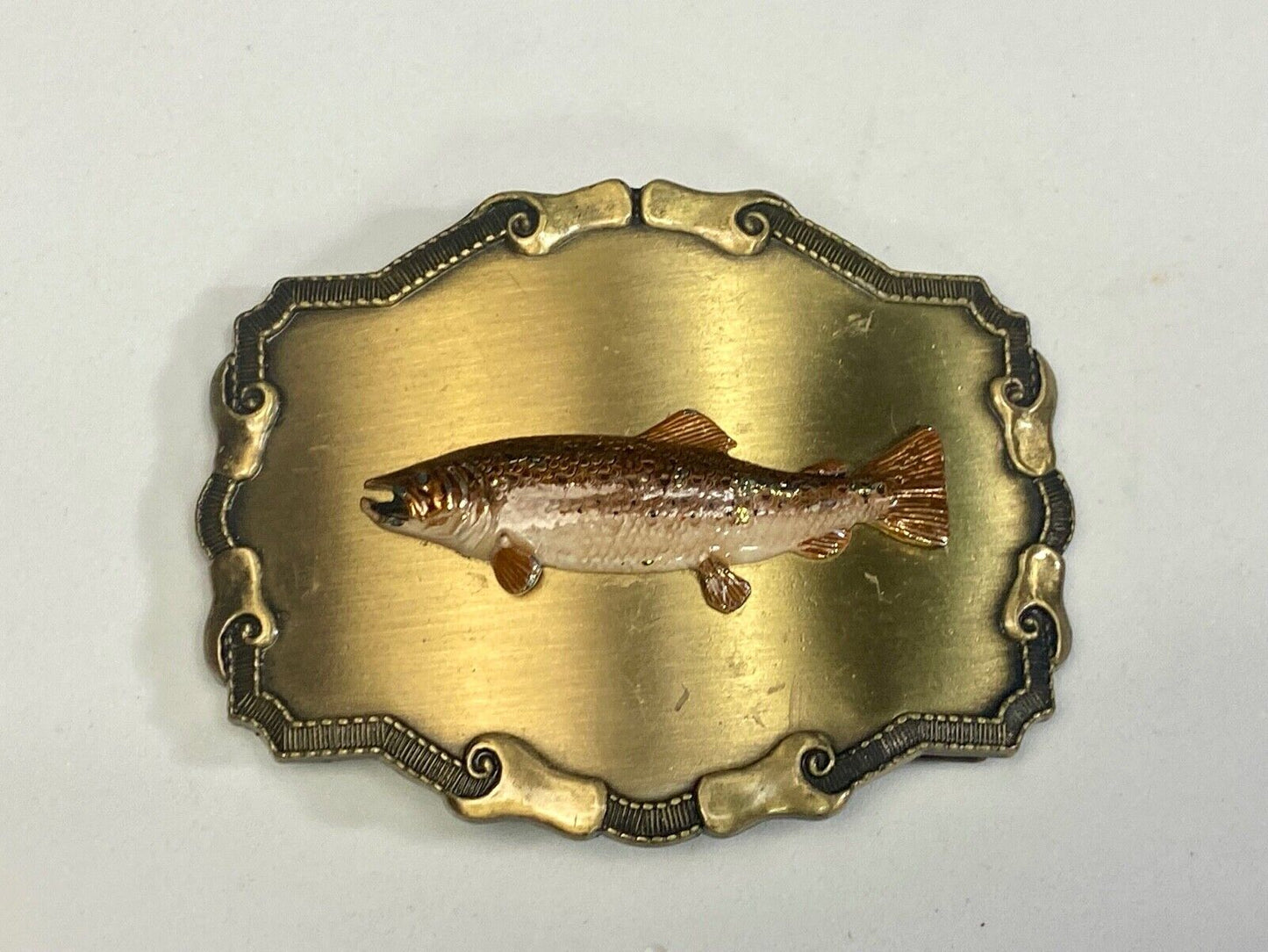Vintage 1970'S Western Framed Trout Fish Fishing Rraintree Belt Buckle 