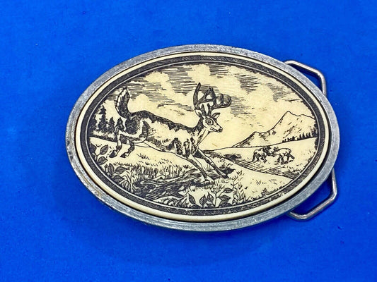 Vintage DEER jumping in nature handcrafted scrimshaw style series belt buckle 