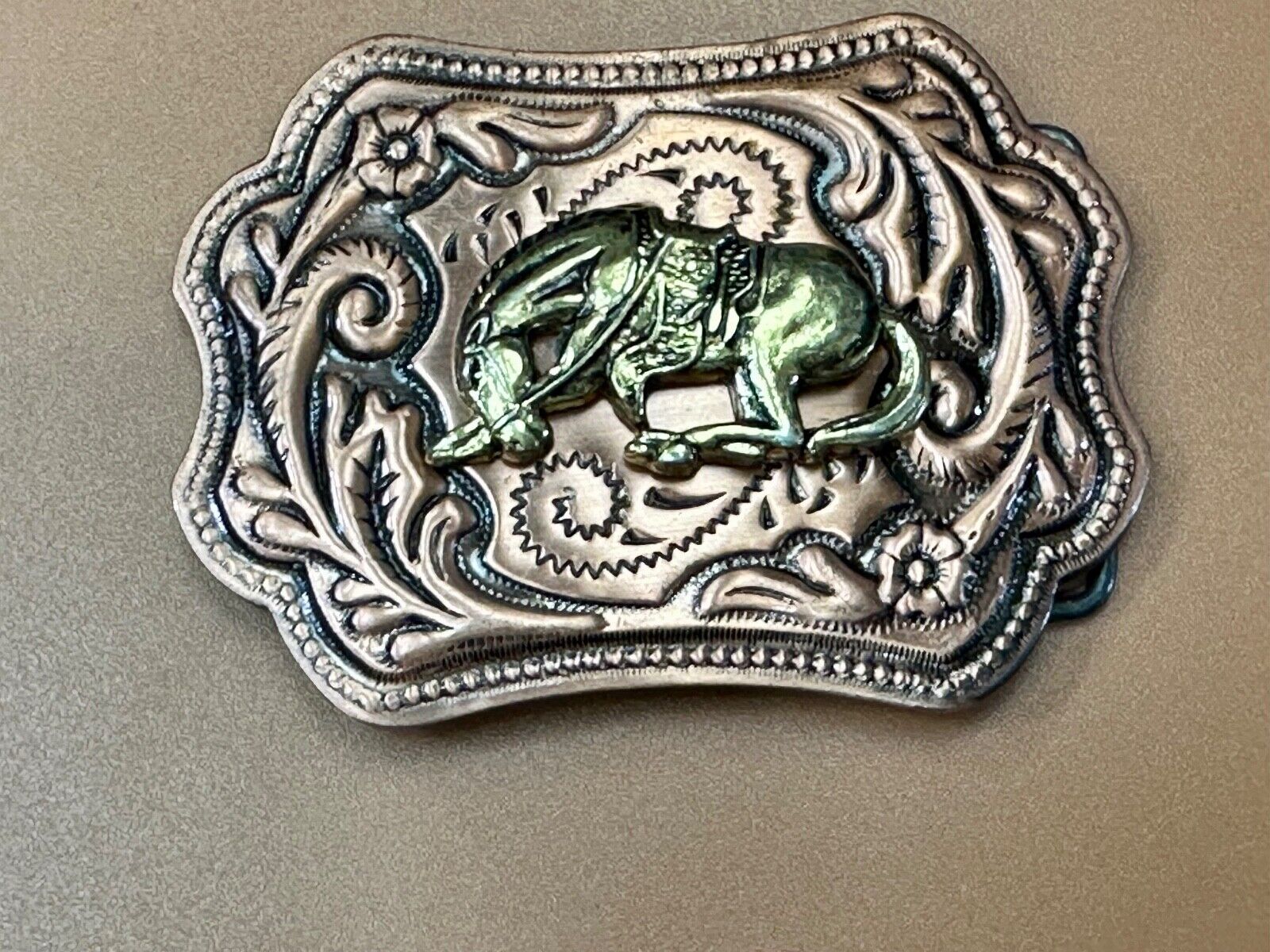 Vintage Horse w/  head down end of the trail two tone ornate western belt buckle
