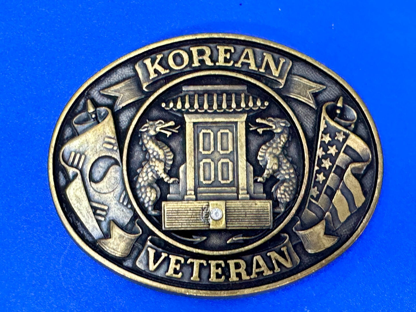 American Korean War Veteran WW II Soldier Commemorative Brass Tone Belt Buckle