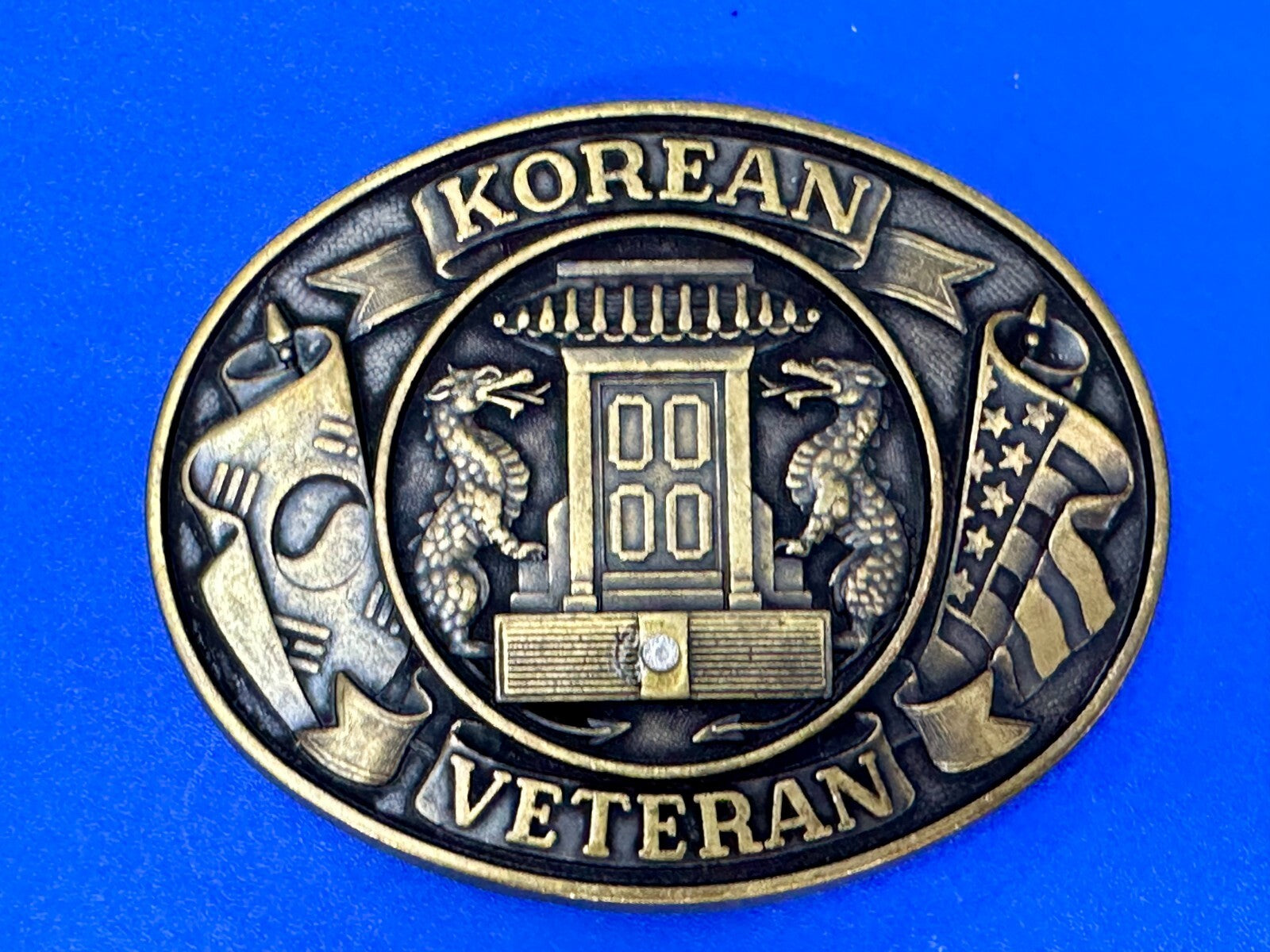American Korean War Veteran WW II Soldier Commemorative Brass Tone Belt Buckle