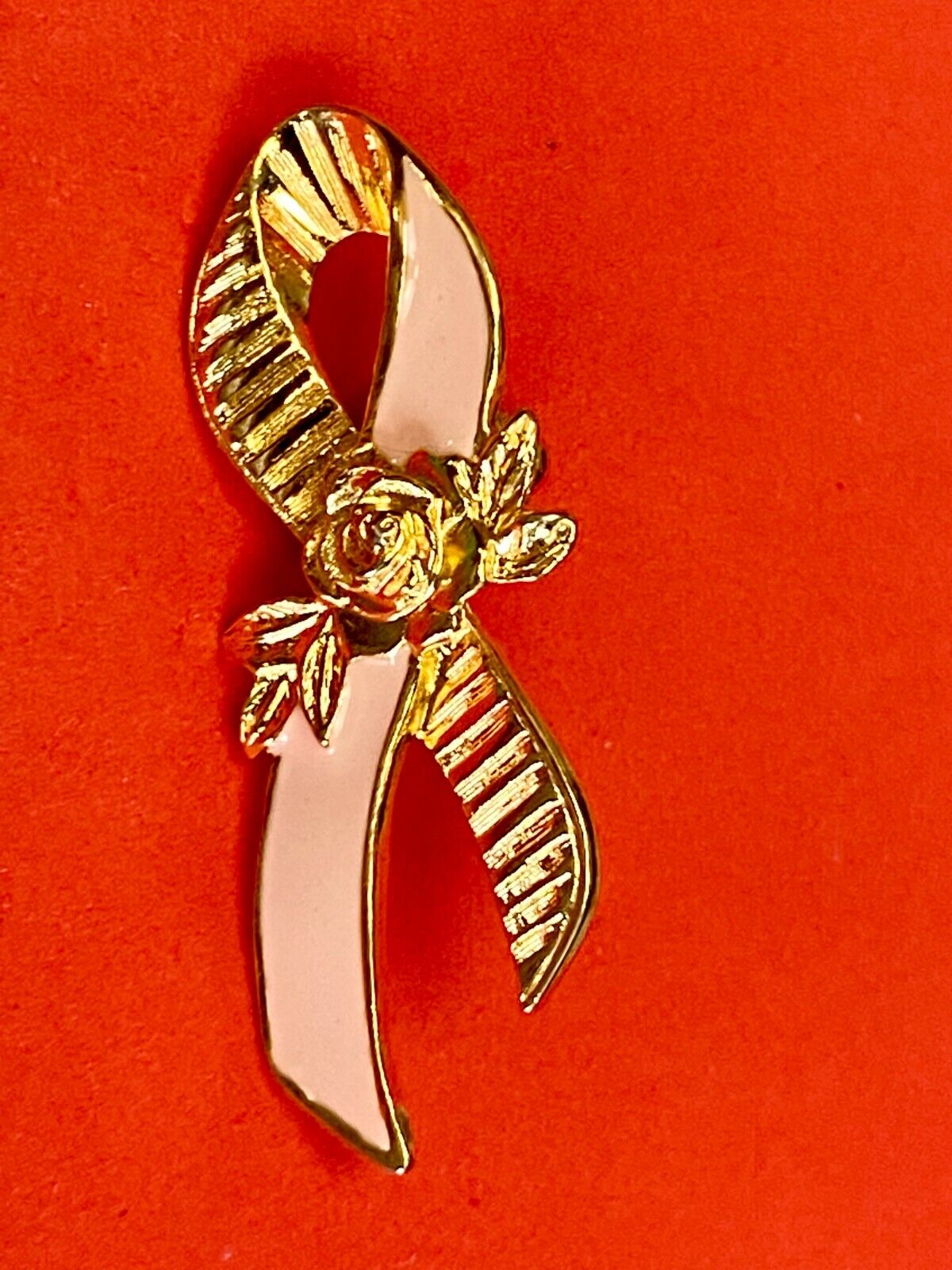Avon Breast Cancer Awareness Lapel Pin Pink Tie  Ribbon Flower Roses Brooch Pin