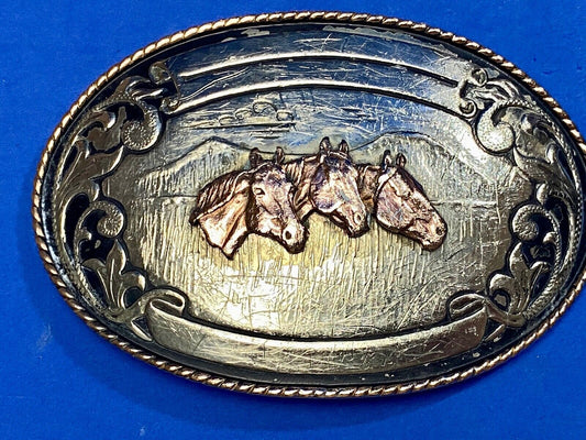 3 Horse Heads LARGE Black boarder belt buckle Comstock silversmiths 122 Grams! 