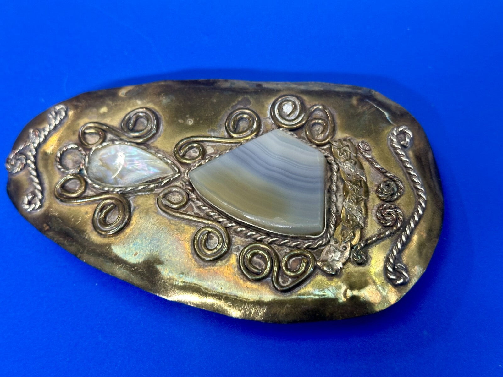 Artisan Mixed Stone Shell Art Nouveau Boho Brass Hippy Vibe Large Belt Buckle