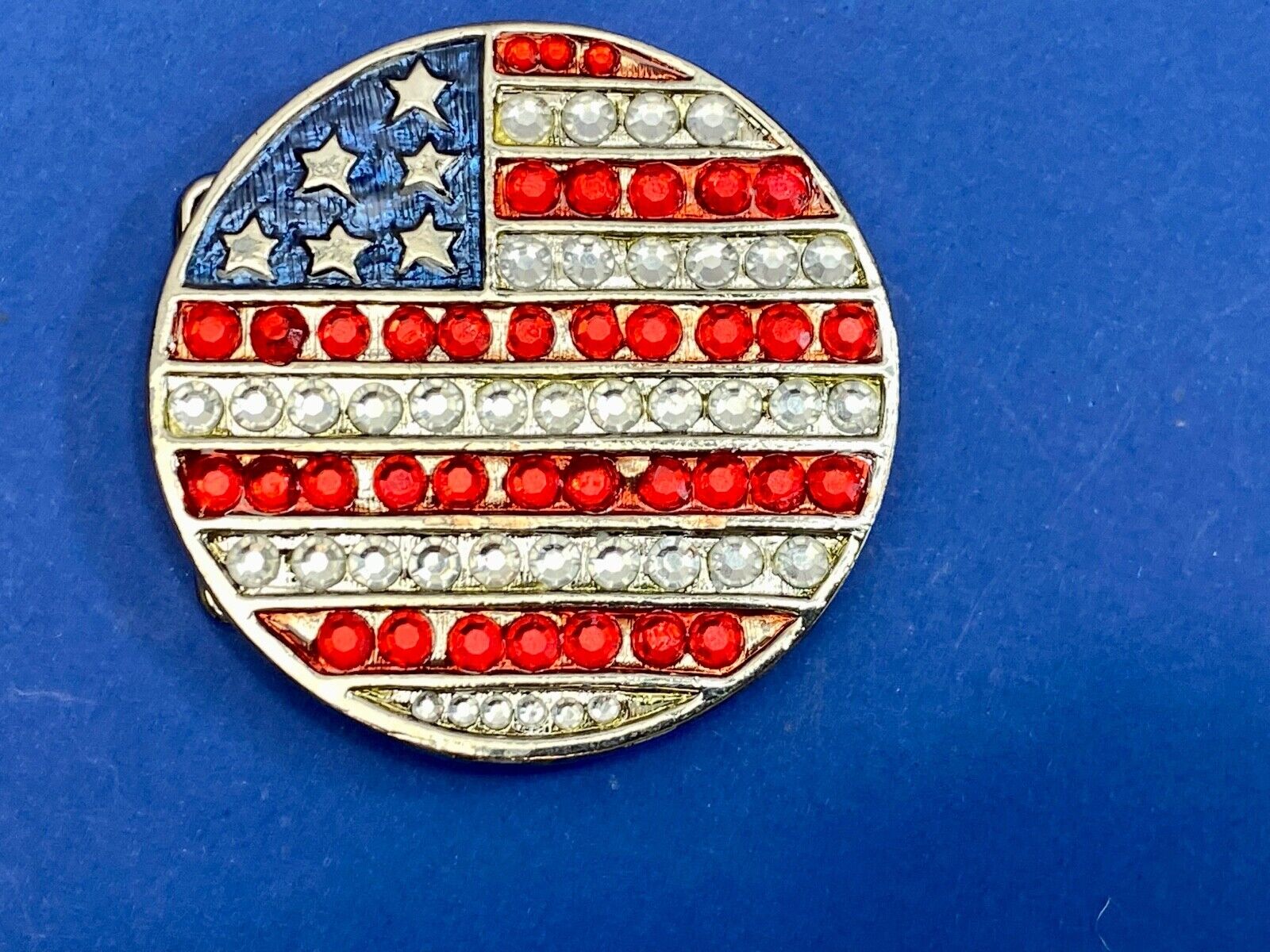 United States Of American Usa Flag Colors On Round Rhinestone Belt Buckle 