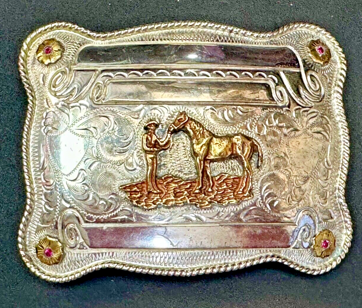 A man with his horse two tone, red ruby Belt Buckle - blank award scrolls