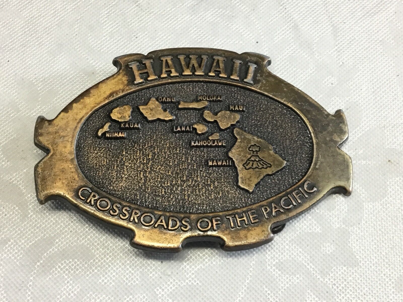 vintage Hawaii crossroads of the pacific 3.5"  belt buckle   ocean island map  