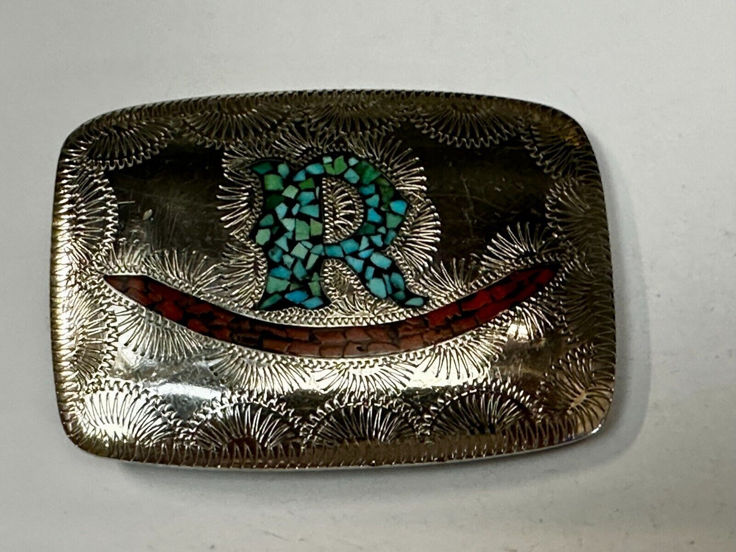 Turquoise & Coral Inlaid Native American Belt Buckle SSH Custom Initial Letter R