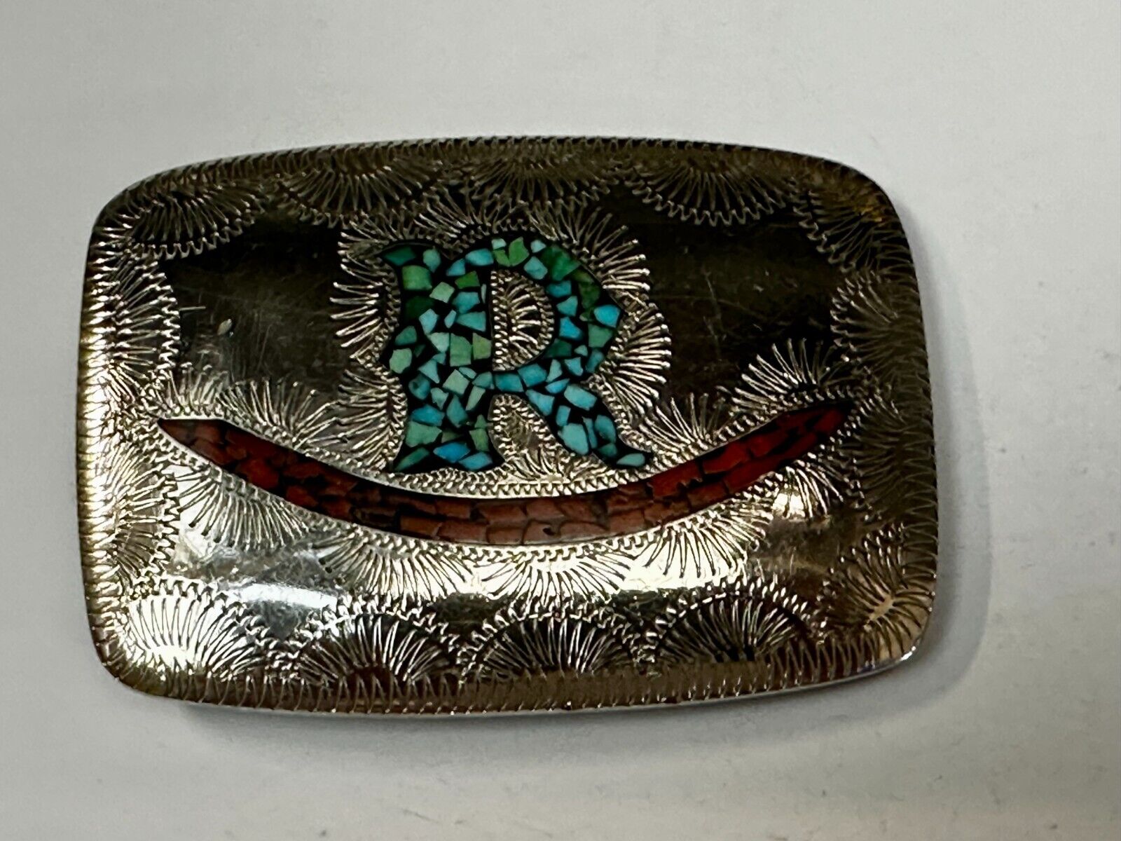 Turquoise & Coral Inlaid Native American Belt Buckle SSH Custom Initial Letter R