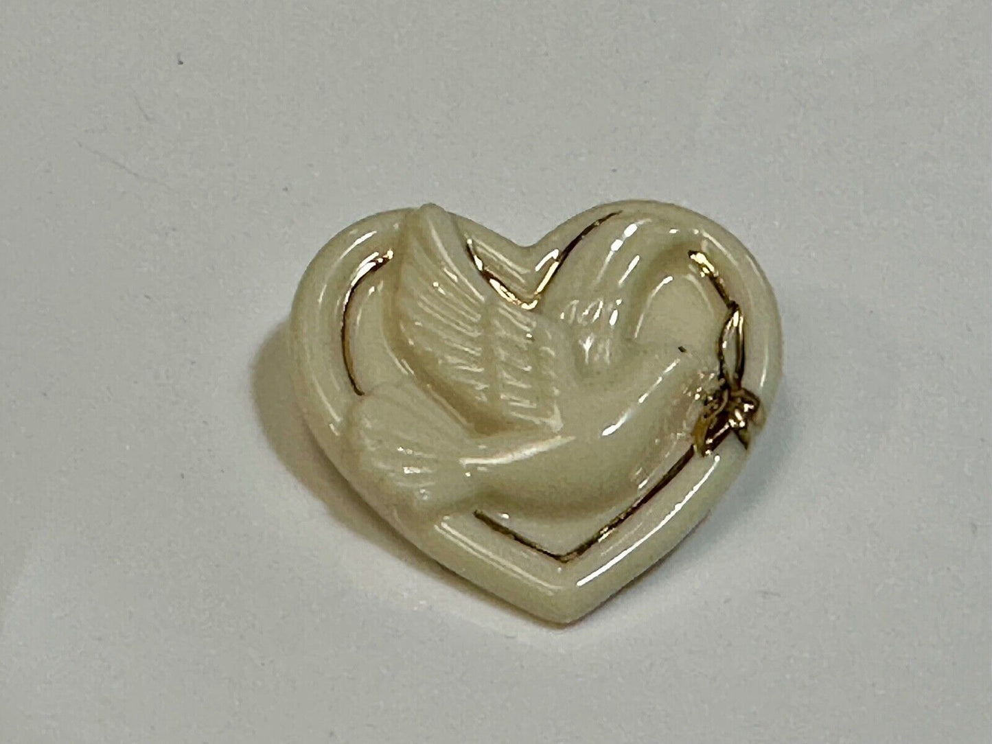 Vintage Lenox Heart Shaped Brooch with Peace Dove & Olive Branch, Gold Trim