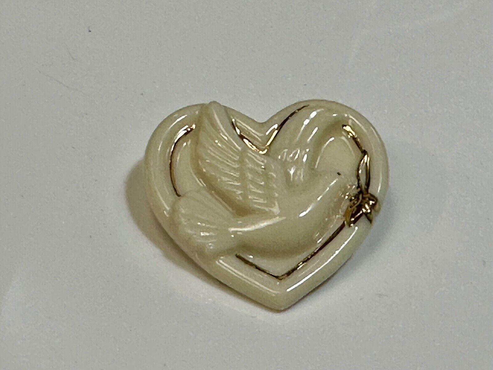 Vintage Lenox Heart Shaped Brooch with Peace Dove & Olive Branch, Gold Trim