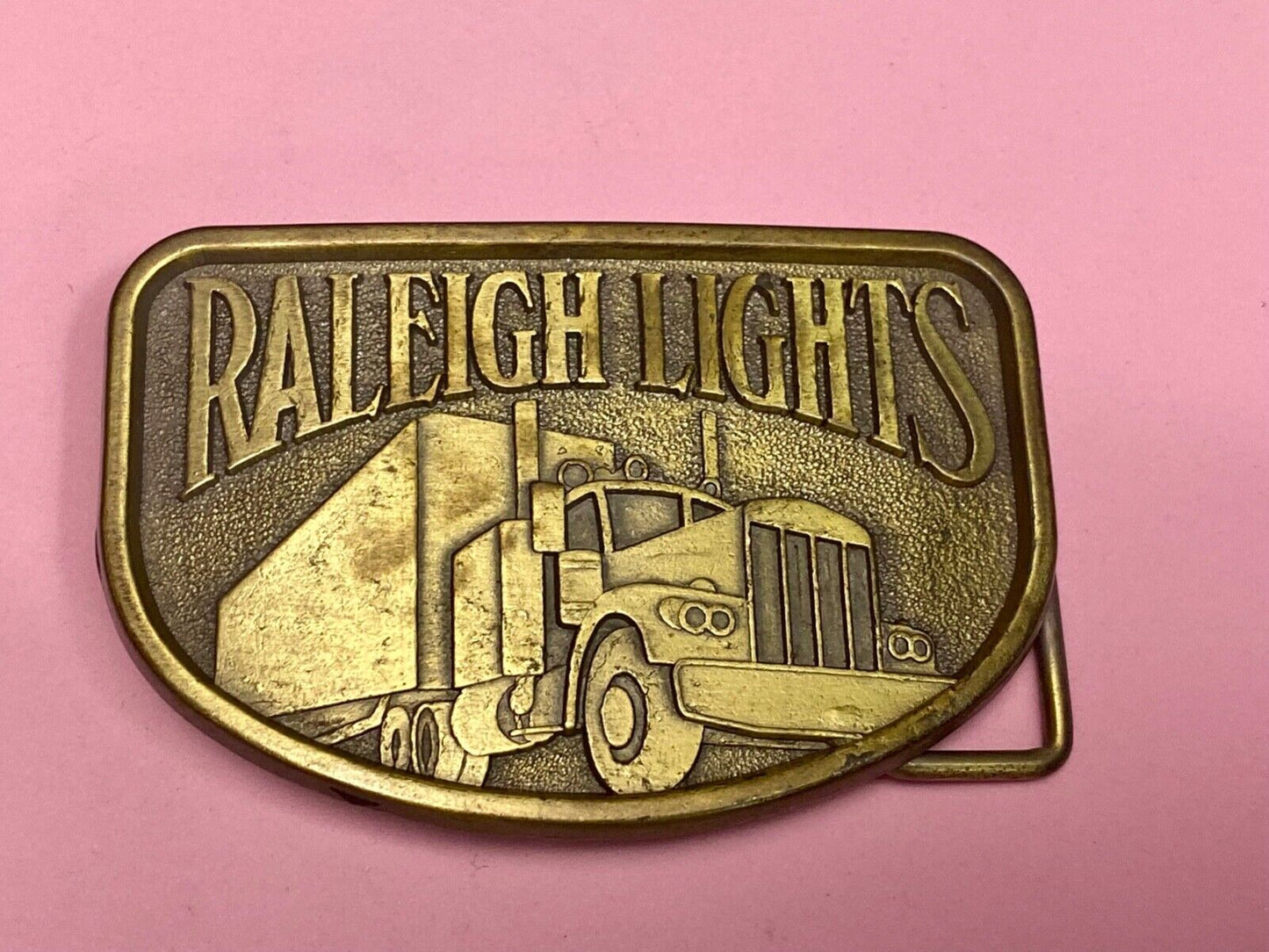 1970S Vintage Raleigh Lights Semi Truck Trucker Brass Tone Belt Buckle By Rj