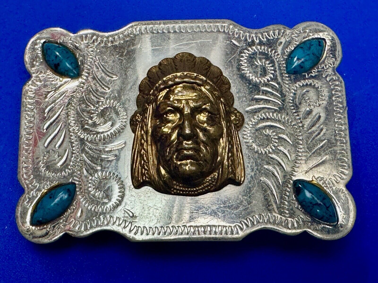 3D Native American Indian Chief & Turquoise stones Nickel Silver Vtg Belt Buckle
