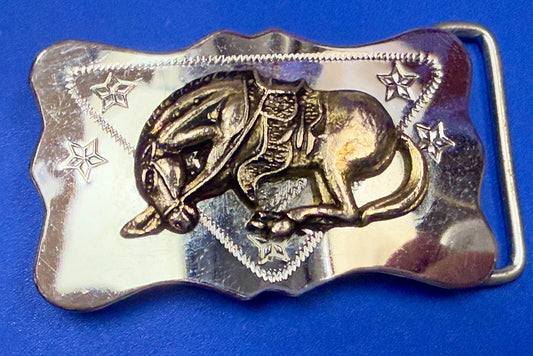 Vintage Horse Head Down End Of The Trail Reflective Two Tone Western Belt Buckle
