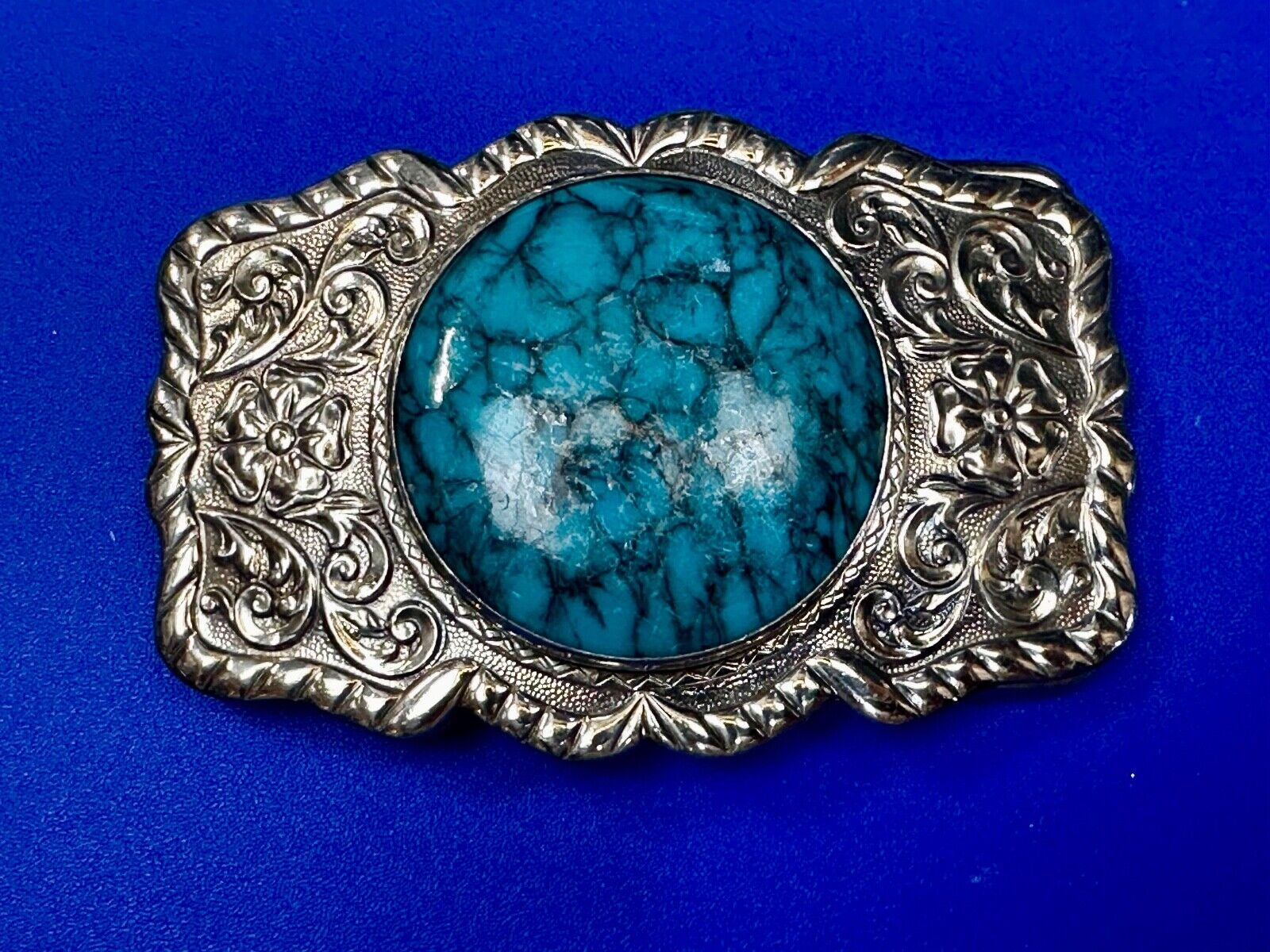 1960s Bell Trading Post Nickel Silver W/ Round Simulated Turquoise Belt Buckle